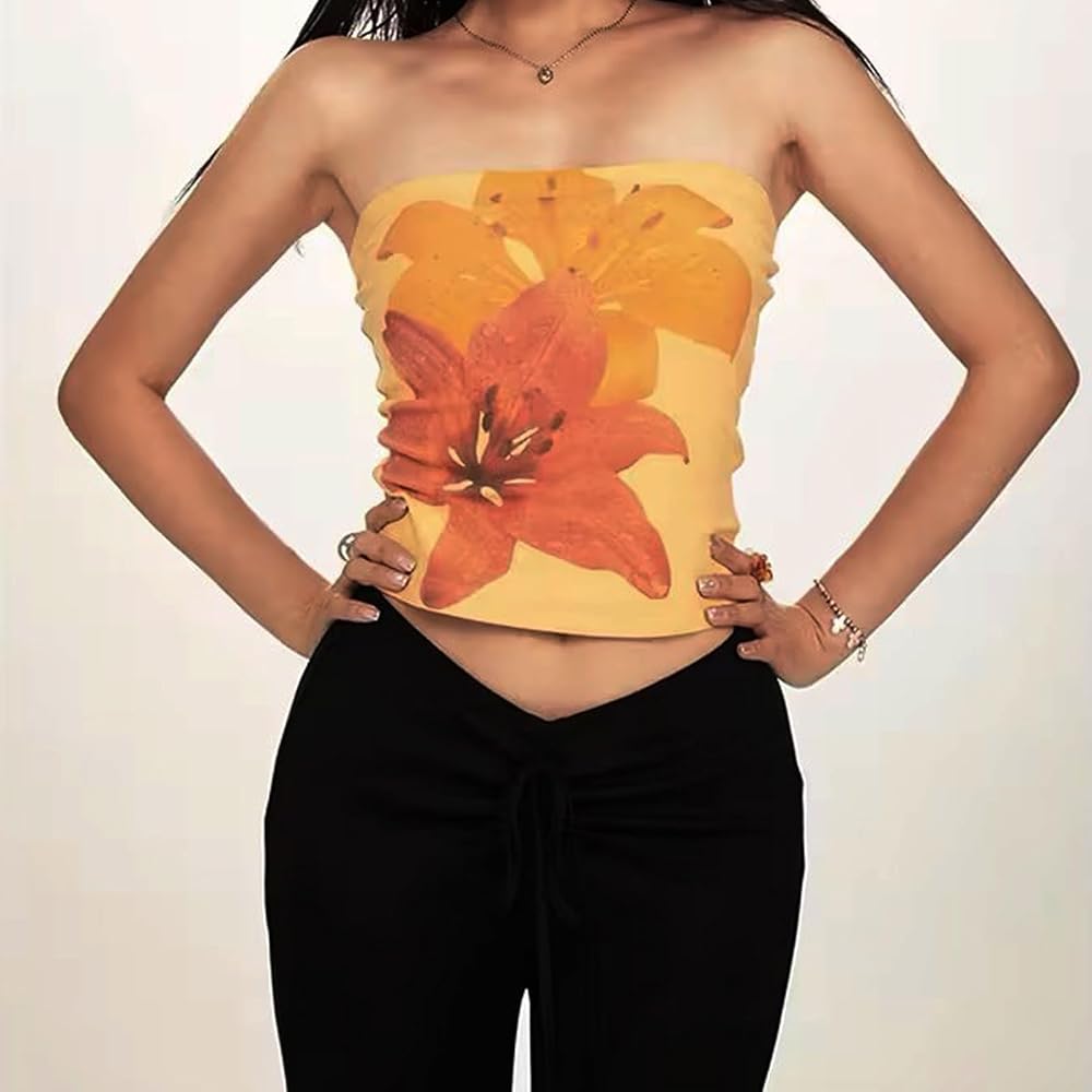 パロマウール　floral-print strapless tank top Women Y2K Floral Tube Top Sexy Flower Printed Strapless